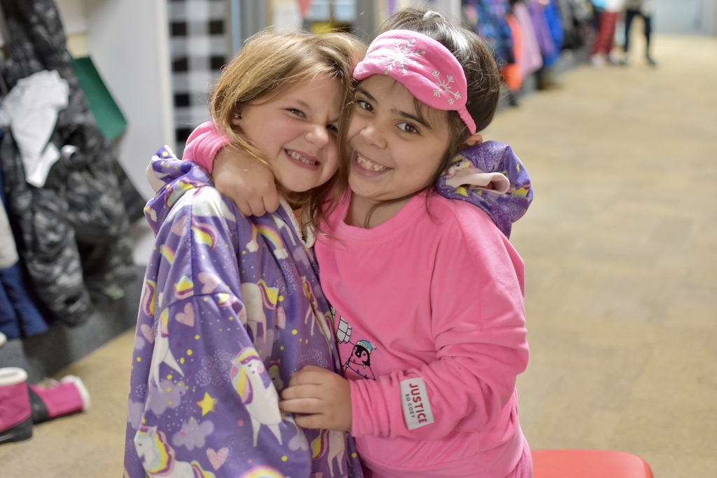 Evergreen students posing for pajama day